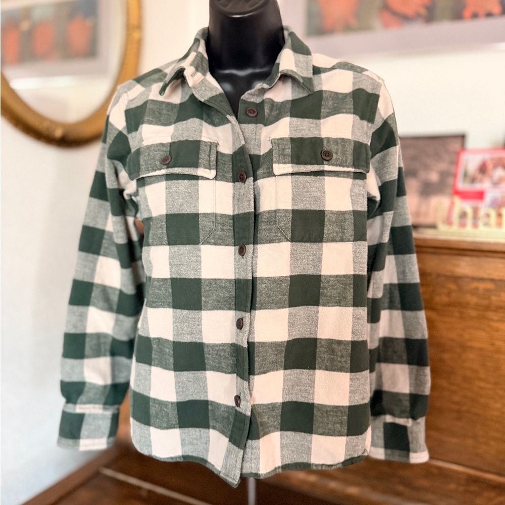 L.L. Bean Green and White Buffalo Check Flannel Shirt